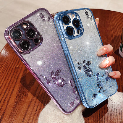 For iPhone 13 Pro 6.1 inch Gradient TPU Protective Cover Rhinestone Decor Flower Pattern Glitter Powder Anti-drop Case