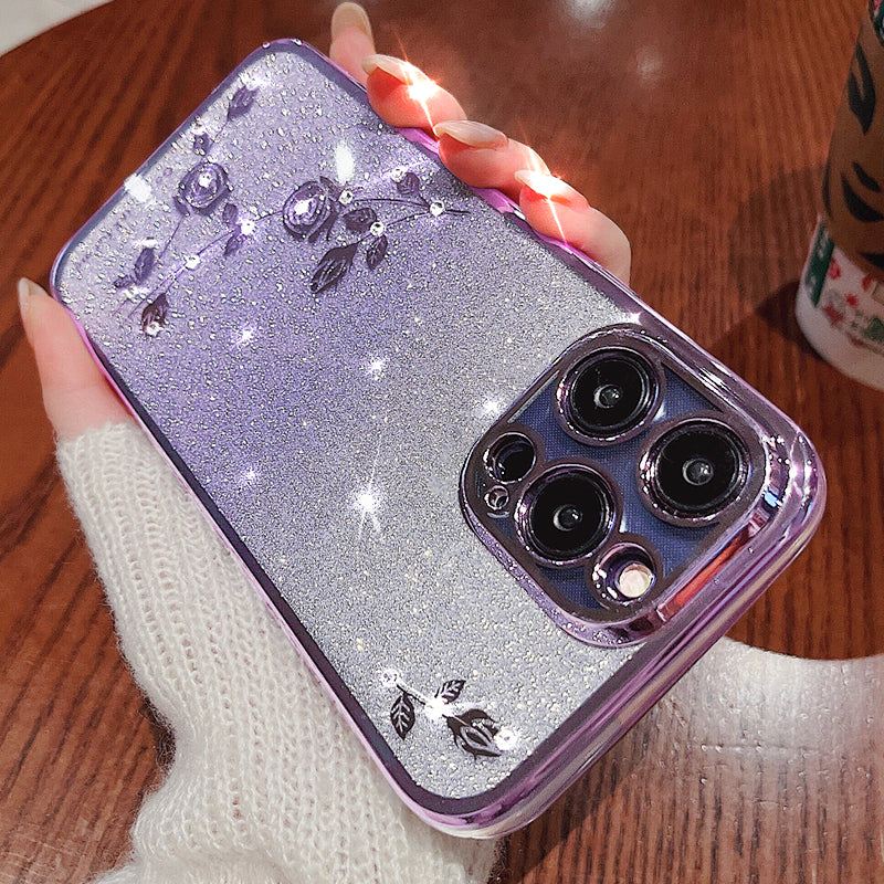 Rhinestone Decor Flower Pattern TPU Cover for iPhone 12 Pro Max 6.7 inch, Stylish Gradient Glitter Powder Anti-drop Back Case
