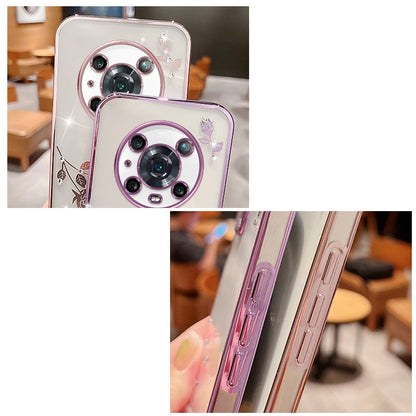 For Honor Magic4 Pro 5G Shock-absorbing Flower Pattern Phone Cover Rhinestone Decor TPU Electroplating Phone Case