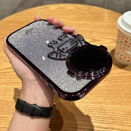 Electroplating TPU Phone Case for iPhone 13 Pro 6.1 inch Spaceman Glitter Anti-Fall Shockproof Case with Lens Cover Kickstand