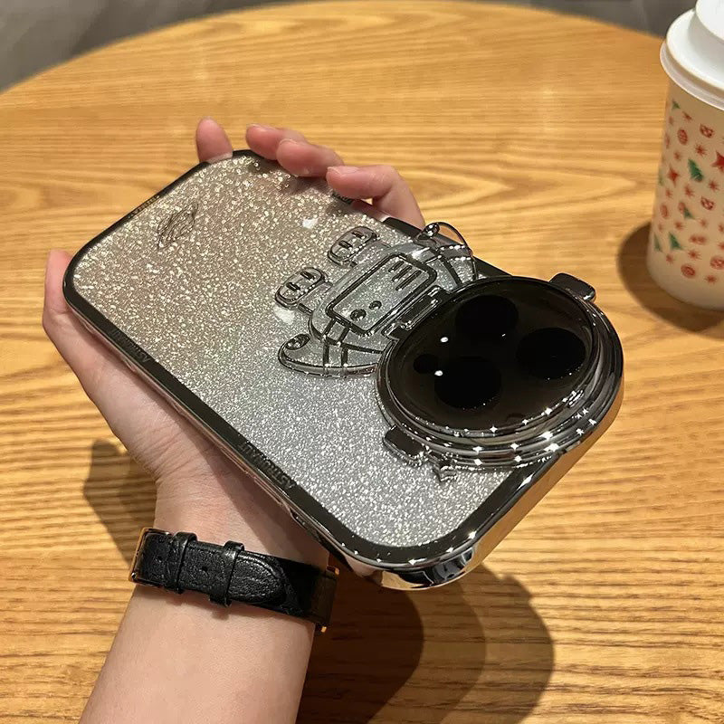 Electroplating TPU Phone Case for iPhone 13 Pro 6.1 inch Spaceman Glitter Anti-Fall Shockproof Case with Lens Cover Kickstand
