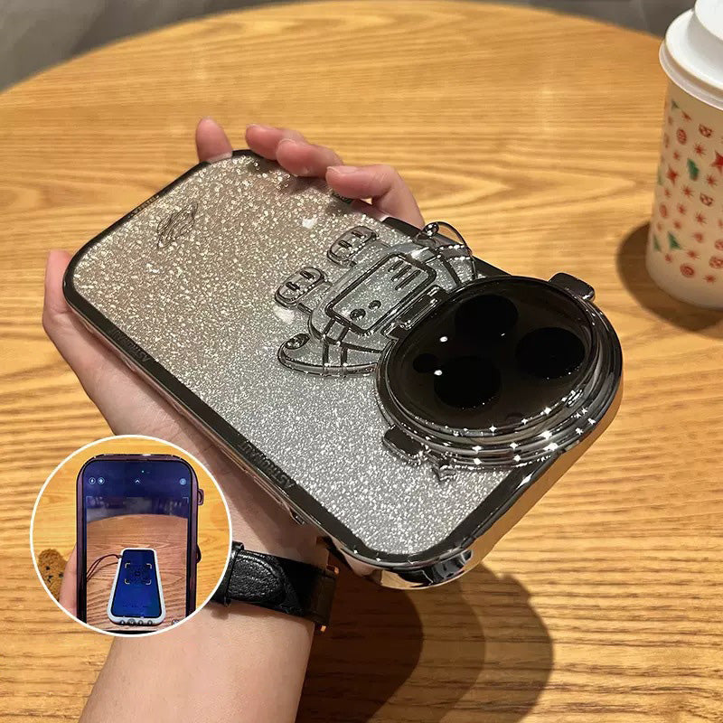 Electroplating TPU Phone Case for iPhone 13 Pro 6.1 inch Spaceman Glitter Anti-Fall Shockproof Case with Lens Cover Kickstand