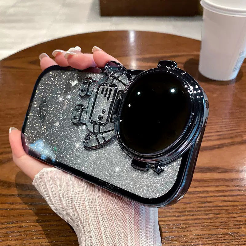 Electroplating TPU Phone Case for iPhone 13 Pro 6.1 inch Spaceman Glitter Anti-Fall Shockproof Case with Lens Cover Kickstand