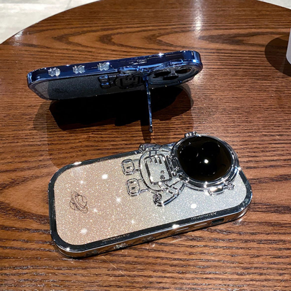 Electroplating TPU Phone Case for iPhone 13 Pro 6.1 inch Spaceman Glitter Anti-Fall Shockproof Case with Lens Cover Kickstand