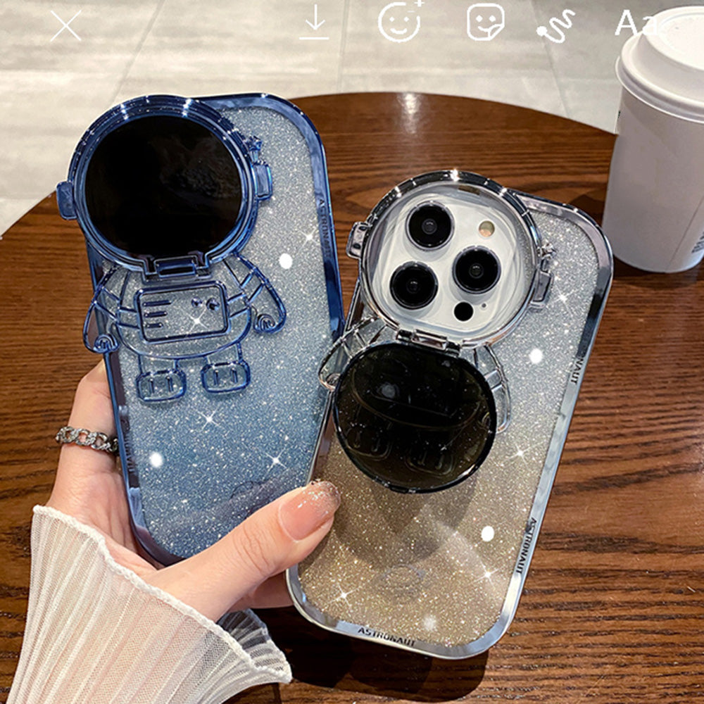 Electroplating TPU Phone Case for iPhone 13 Pro 6.1 inch Spaceman Glitter Anti-Fall Shockproof Case with Lens Cover Kickstand