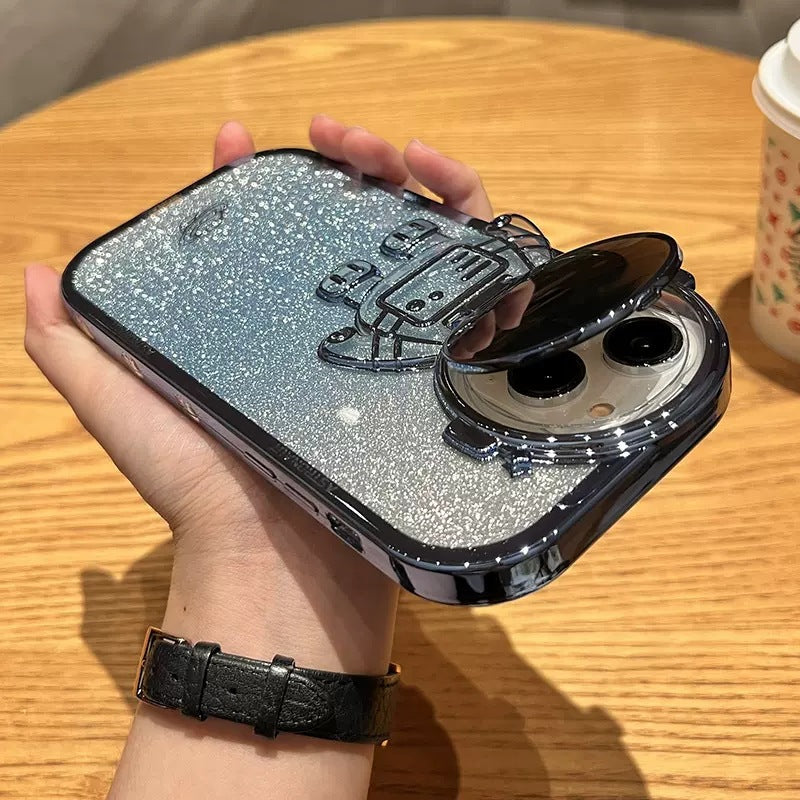 Electroplating TPU Phone Case for iPhone 13 Pro 6.1 inch Spaceman Glitter Anti-Fall Shockproof Case with Lens Cover Kickstand