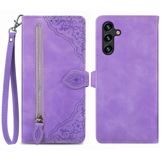 For Samsung Galaxy A04s 4G (164.7 x 76.7 x 9.1 mm) / A13 5G / M13 5G Flower Imprinted Pattern PU Leather Zipper Pocket Cell Phone Cover Stand Wallet Case