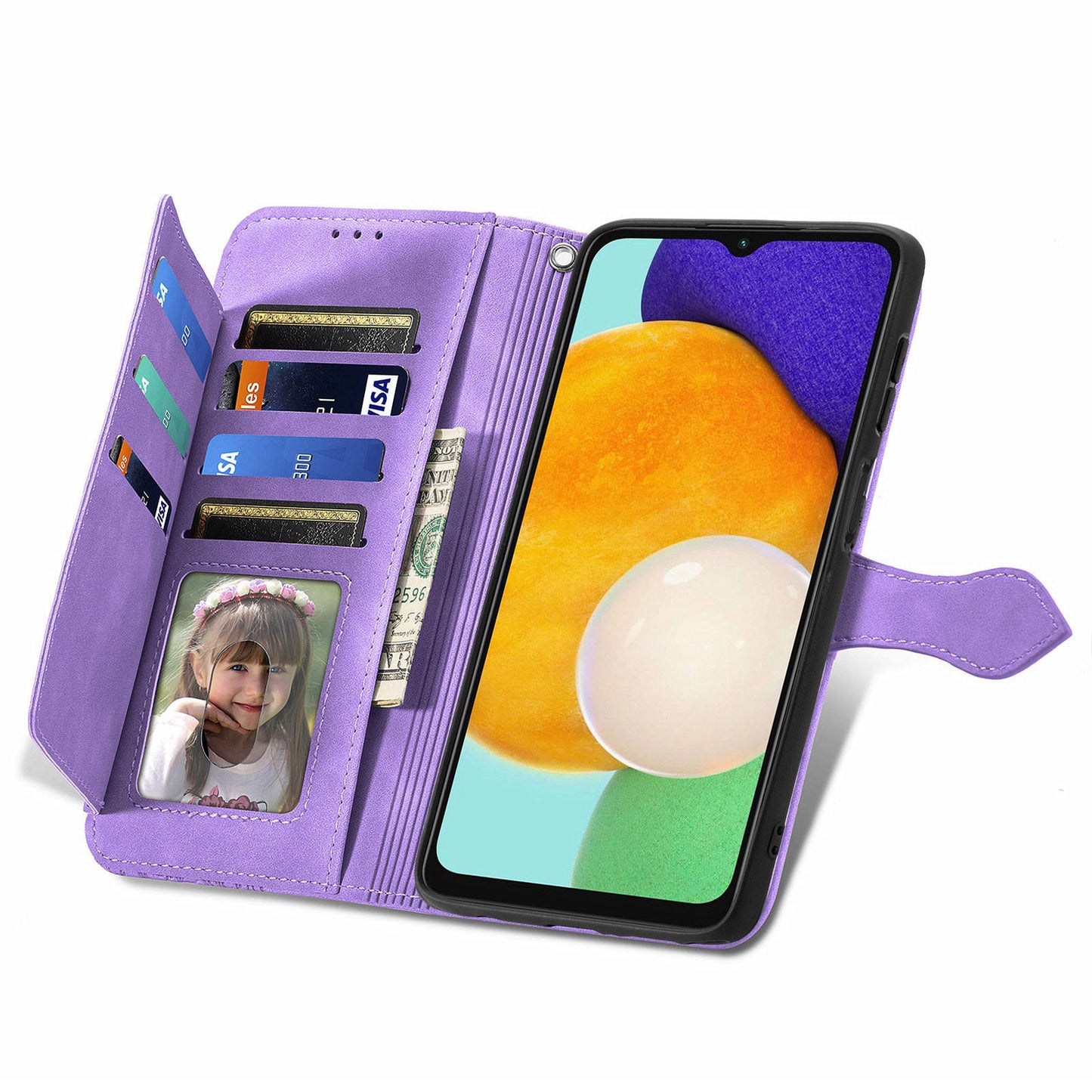 For Samsung Galaxy A04s 4G (164.7 x 76.7 x 9.1 mm) / A13 5G / M13 5G Flower Imprinted Pattern PU Leather Zipper Pocket Cell Phone Cover Stand Wallet Case
