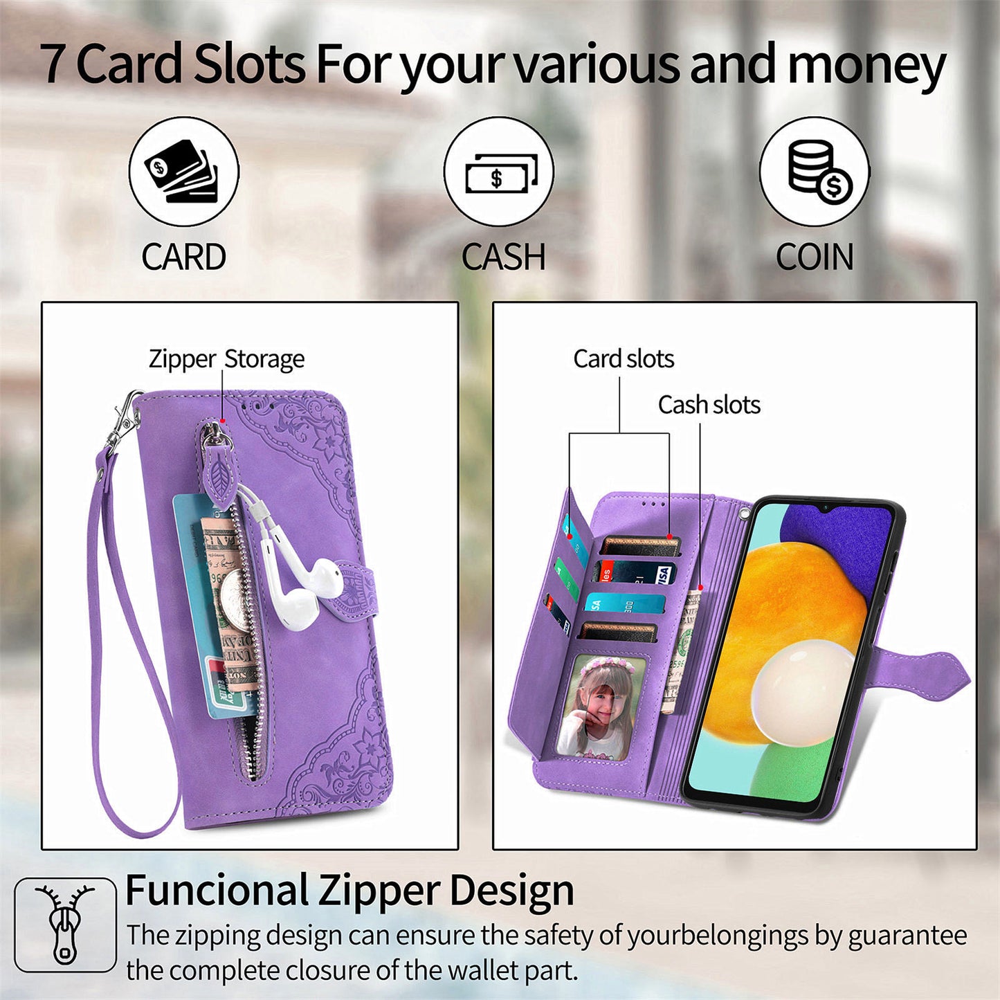 For Samsung Galaxy A04s 4G (164.7 x 76.7 x 9.1 mm) / A13 5G / M13 5G Flower Imprinted Pattern PU Leather Zipper Pocket Cell Phone Cover Stand Wallet Case
