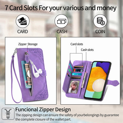 For Samsung Galaxy A04s 4G (164.7 x 76.7 x 9.1 mm) / A13 5G / M13 5G Flower Imprinted Pattern PU Leather Zipper Pocket Cell Phone Cover Stand Wallet Case