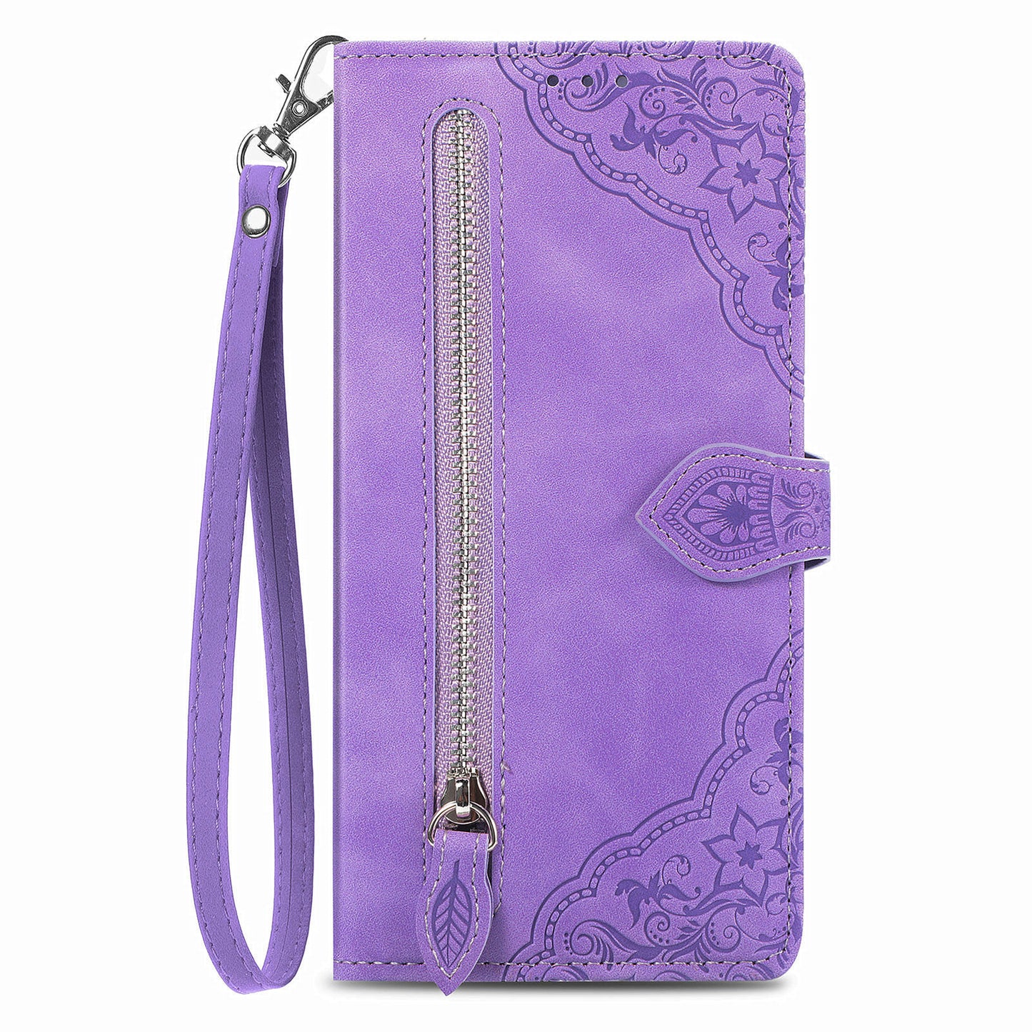 For Samsung Galaxy A04s 4G (164.7 x 76.7 x 9.1 mm) / A13 5G / M13 5G Flower Imprinted Pattern PU Leather Zipper Pocket Cell Phone Cover Stand Wallet Case
