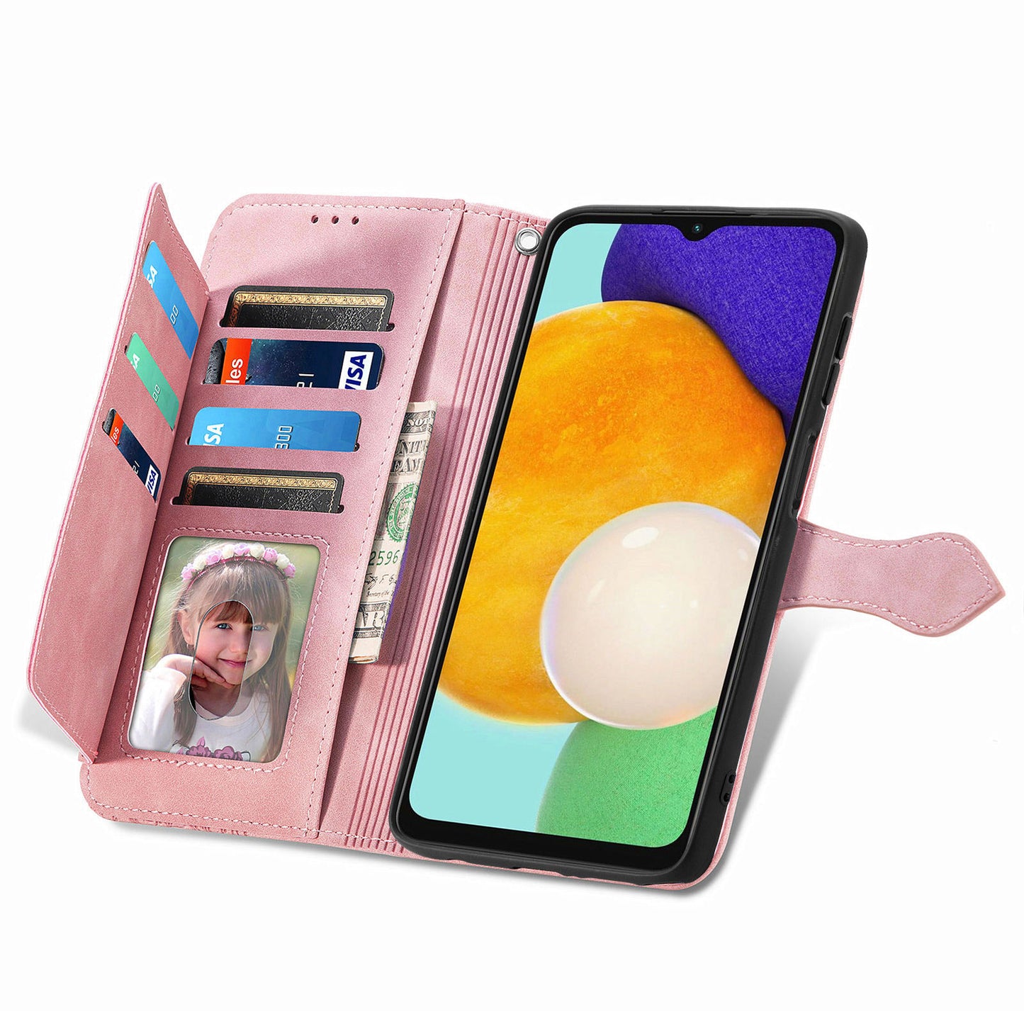 For Samsung Galaxy A04s 4G (164.7 x 76.7 x 9.1 mm) / A13 5G / M13 5G Flower Imprinted Pattern PU Leather Zipper Pocket Cell Phone Cover Stand Wallet Case