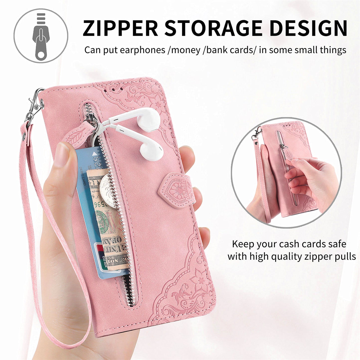 For Samsung Galaxy A04s 4G (164.7 x 76.7 x 9.1 mm) / A13 5G / M13 5G Flower Imprinted Pattern PU Leather Zipper Pocket Cell Phone Cover Stand Wallet Case