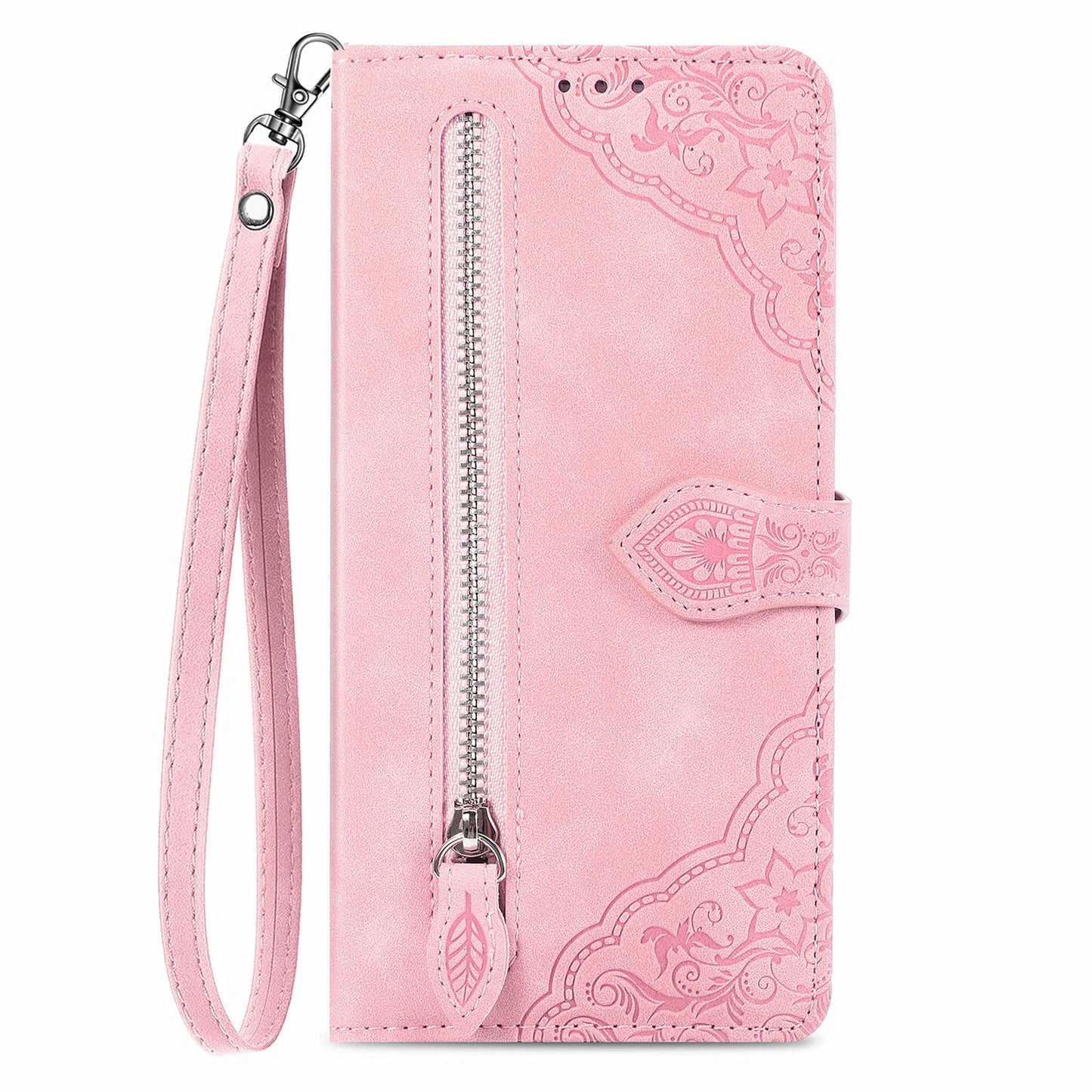 For Samsung Galaxy A04s 4G (164.7 x 76.7 x 9.1 mm) / A13 5G / M13 5G Flower Imprinted Pattern PU Leather Zipper Pocket Cell Phone Cover Stand Wallet Case