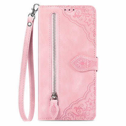 For Samsung Galaxy A04s 4G (164.7 x 76.7 x 9.1 mm) / A13 5G / M13 5G Flower Imprinted Pattern PU Leather Zipper Pocket Cell Phone Cover Stand Wallet Case