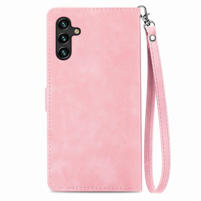 For Samsung Galaxy A04s 4G (164.7 x 76.7 x 9.1 mm) / A13 5G / M13 5G Flower Imprinted Pattern PU Leather Zipper Pocket Cell Phone Cover Stand Wallet Case