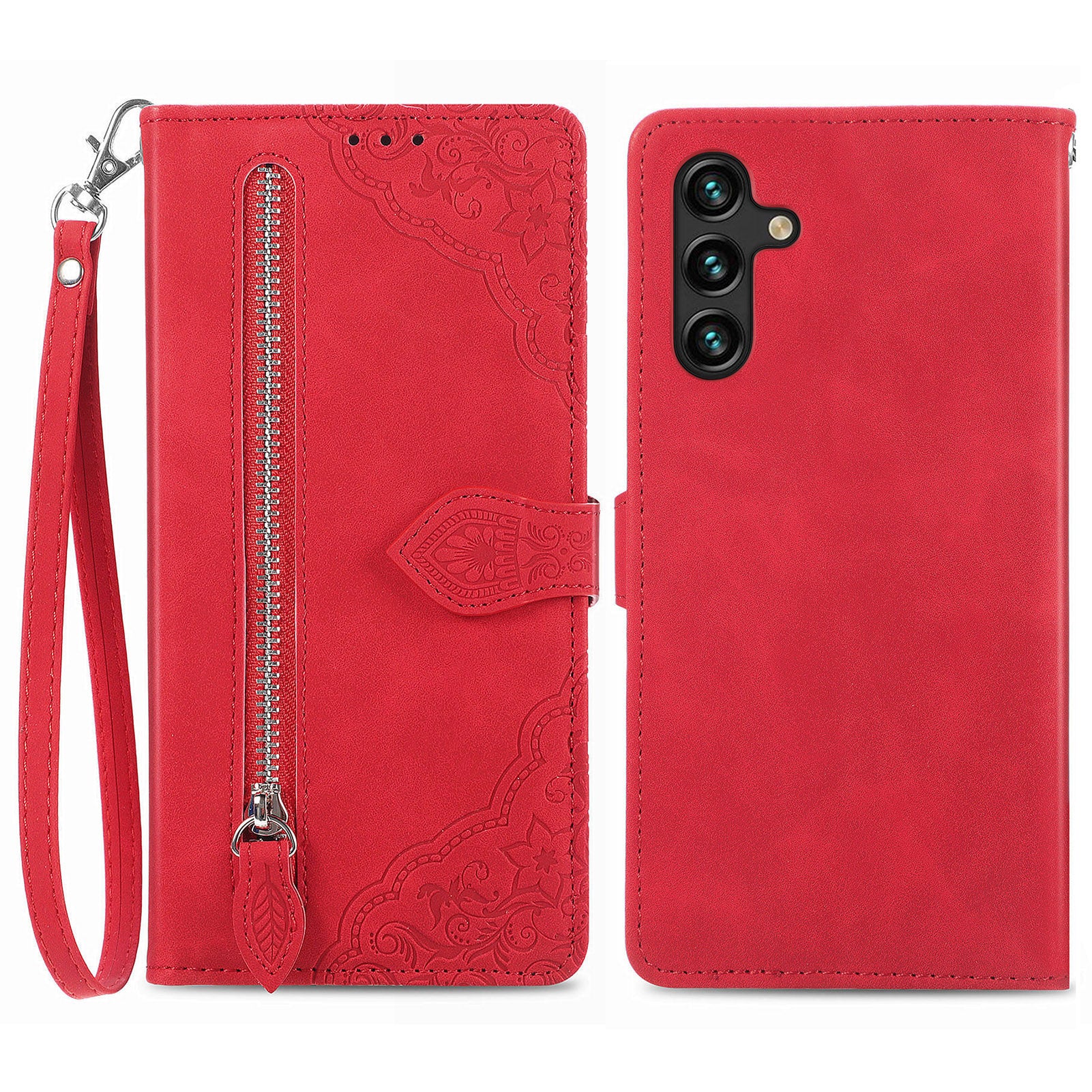 For Samsung Galaxy A04s 4G (164.7 x 76.7 x 9.1 mm) / A13 5G / M13 5G Flower Imprinted Pattern PU Leather Zipper Pocket Cell Phone Cover Stand Wallet Case