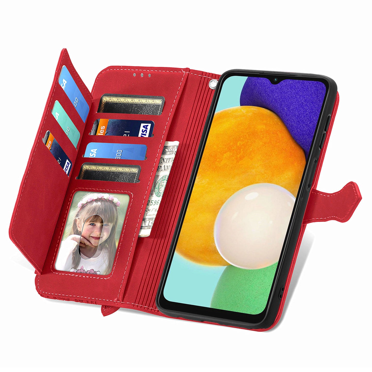 For Samsung Galaxy A04s 4G (164.7 x 76.7 x 9.1 mm) / A13 5G / M13 5G Flower Imprinted Pattern PU Leather Zipper Pocket Cell Phone Cover Stand Wallet Case
