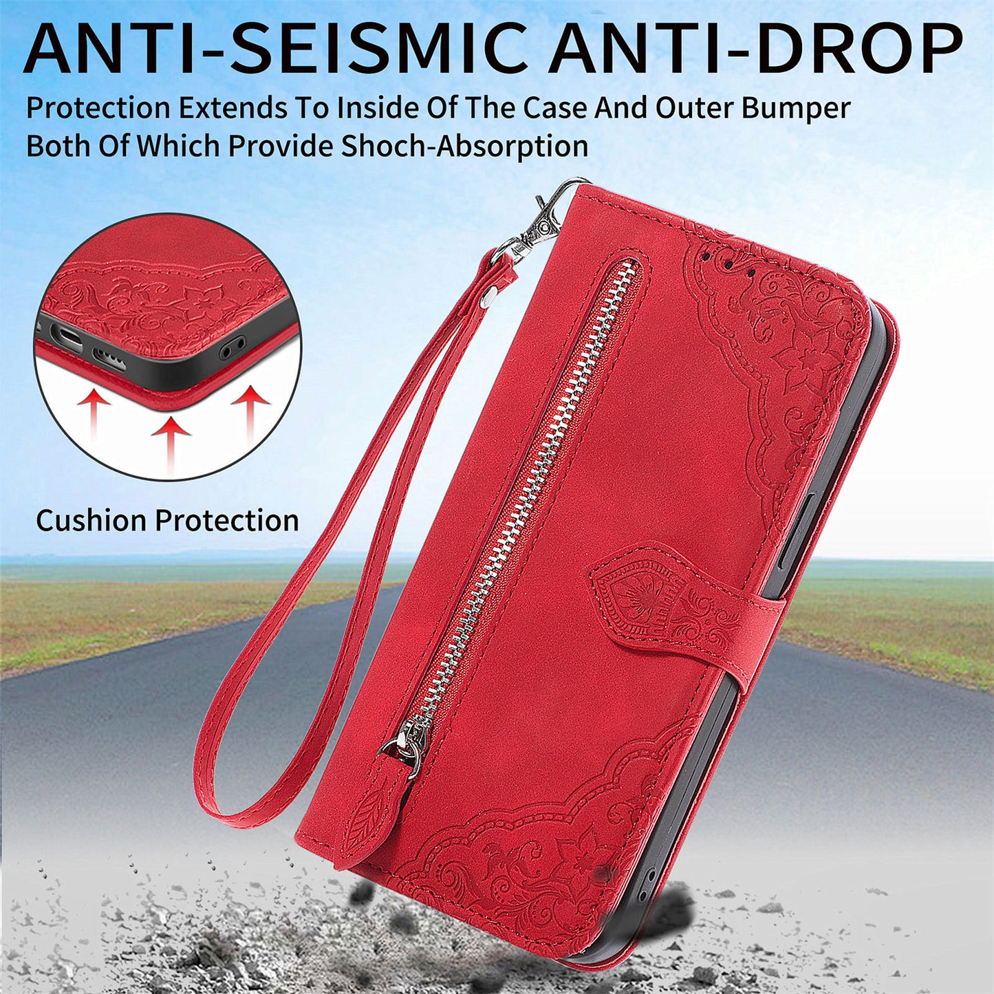 For Samsung Galaxy A04s 4G (164.7 x 76.7 x 9.1 mm) / A13 5G / M13 5G Flower Imprinted Pattern PU Leather Zipper Pocket Cell Phone Cover Stand Wallet Case