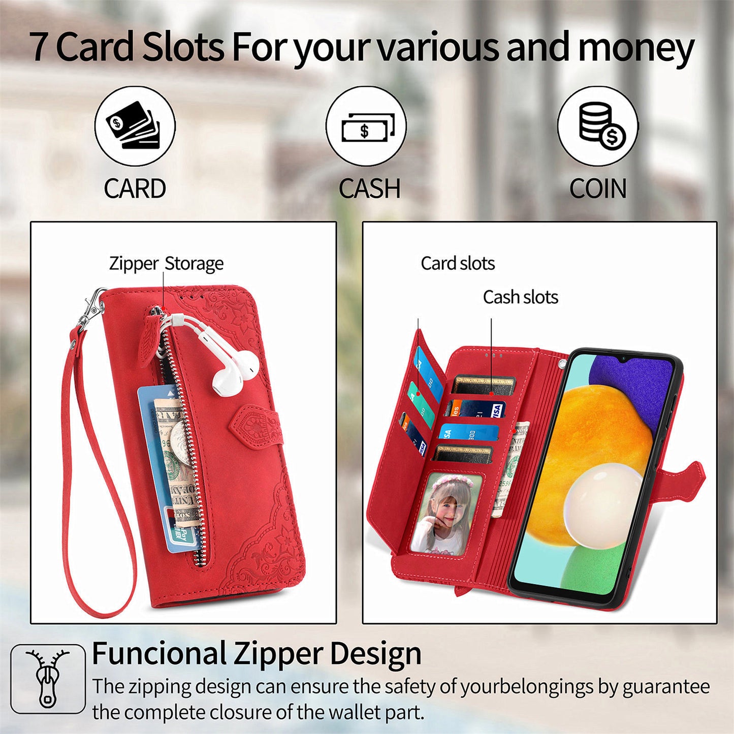 For Samsung Galaxy A04s 4G (164.7 x 76.7 x 9.1 mm) / A13 5G / M13 5G Flower Imprinted Pattern PU Leather Zipper Pocket Cell Phone Cover Stand Wallet Case