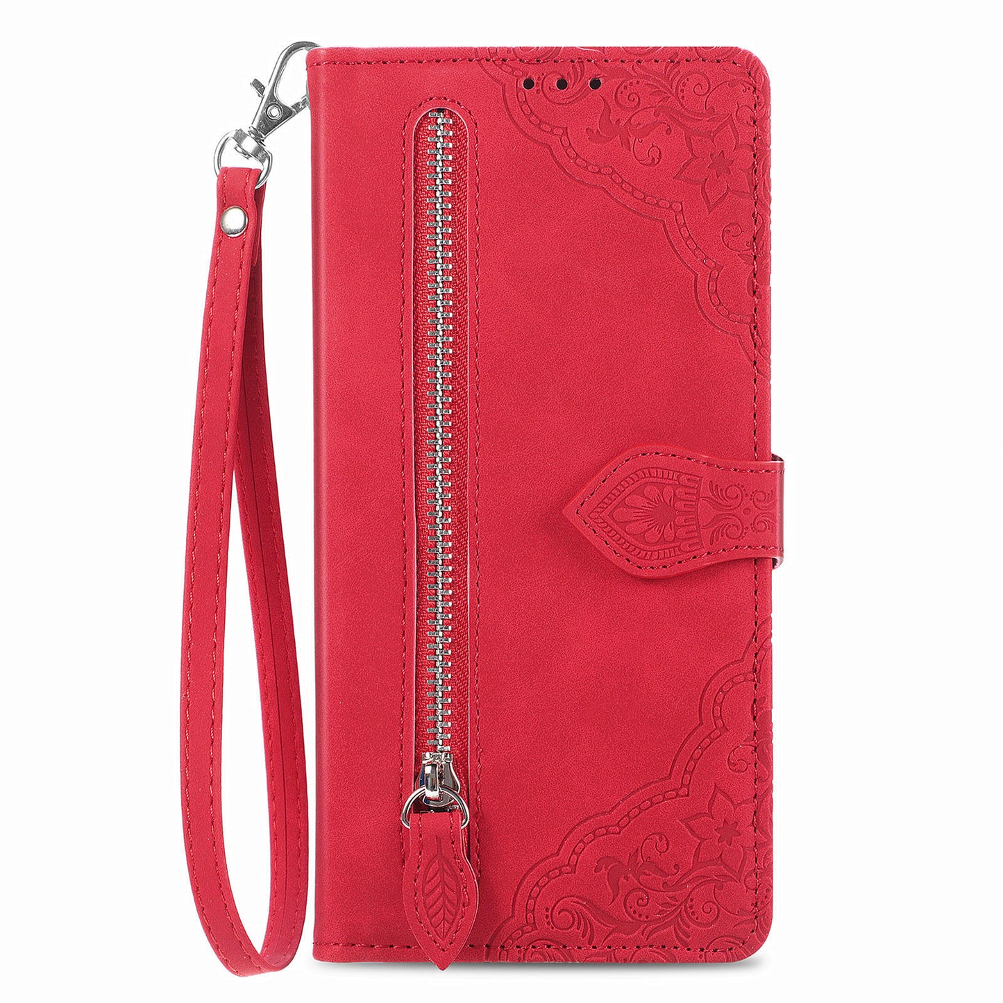 For Samsung Galaxy A04s 4G (164.7 x 76.7 x 9.1 mm) / A13 5G / M13 5G Flower Imprinted Pattern PU Leather Zipper Pocket Cell Phone Cover Stand Wallet Case