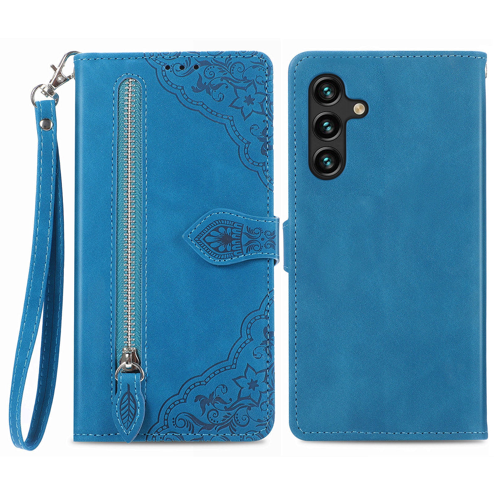For Samsung Galaxy A04s 4G (164.7 x 76.7 x 9.1 mm) / A13 5G / M13 5G Flower Imprinted Pattern PU Leather Zipper Pocket Cell Phone Cover Stand Wallet Case