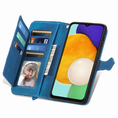For Samsung Galaxy A04s 4G (164.7 x 76.7 x 9.1 mm) / A13 5G / M13 5G Flower Imprinted Pattern PU Leather Zipper Pocket Cell Phone Cover Stand Wallet Case