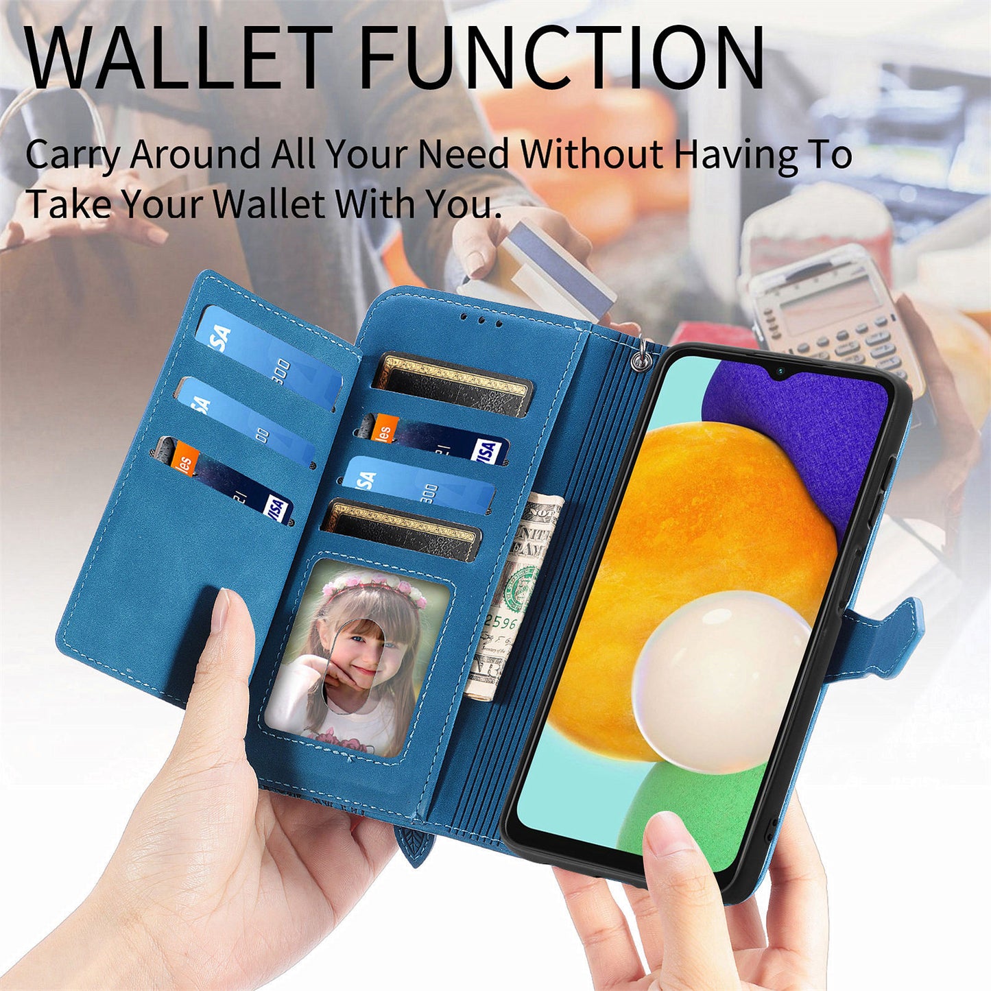 For Samsung Galaxy A04s 4G (164.7 x 76.7 x 9.1 mm) / A13 5G / M13 5G Flower Imprinted Pattern PU Leather Zipper Pocket Cell Phone Cover Stand Wallet Case