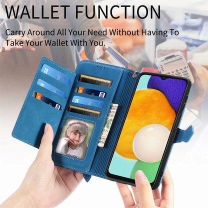 For Samsung Galaxy A04s 4G (164.7 x 76.7 x 9.1 mm) / A13 5G / M13 5G Flower Imprinted Pattern PU Leather Zipper Pocket Cell Phone Cover Stand Wallet Case