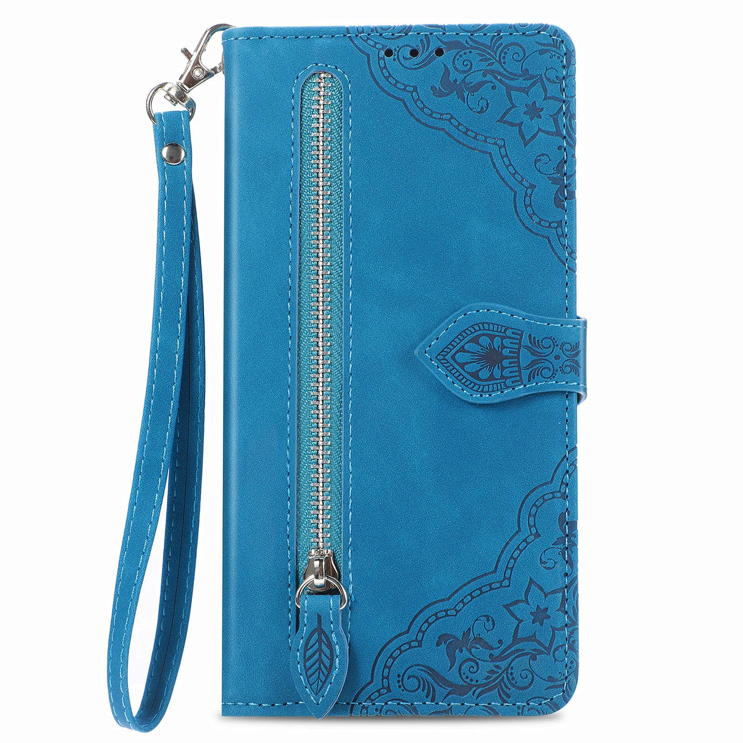 For Samsung Galaxy A04s 4G (164.7 x 76.7 x 9.1 mm) / A13 5G / M13 5G Flower Imprinted Pattern PU Leather Zipper Pocket Cell Phone Cover Stand Wallet Case