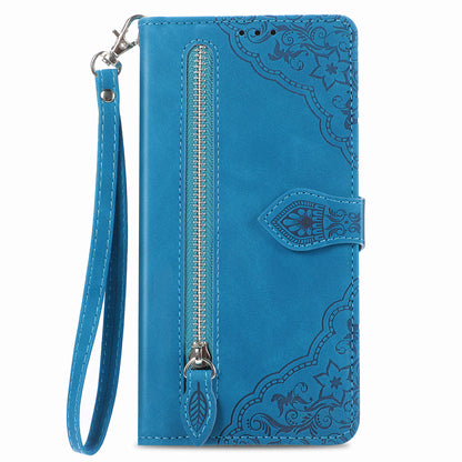 For Samsung Galaxy A04s 4G (164.7 x 76.7 x 9.1 mm) / A13 5G / M13 5G Flower Imprinted Pattern PU Leather Zipper Pocket Cell Phone Cover Stand Wallet Case