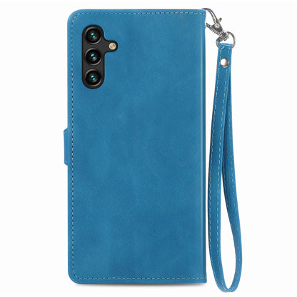 For Samsung Galaxy A04s 4G (164.7 x 76.7 x 9.1 mm) / A13 5G / M13 5G Flower Imprinted Pattern PU Leather Zipper Pocket Cell Phone Cover Stand Wallet Case