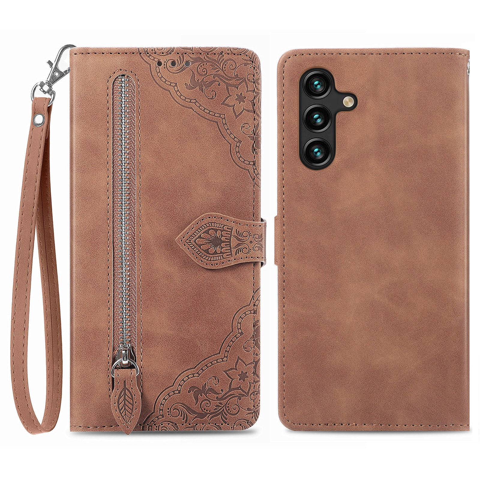 For Samsung Galaxy A04s 4G (164.7 x 76.7 x 9.1 mm) / A13 5G / M13 5G Flower Imprinted Pattern PU Leather Zipper Pocket Cell Phone Cover Stand Wallet Case