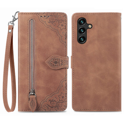 For Samsung Galaxy A04s 4G (164.7 x 76.7 x 9.1 mm) / A13 5G / M13 5G Flower Imprinted Pattern PU Leather Zipper Pocket Cell Phone Cover Stand Wallet Case