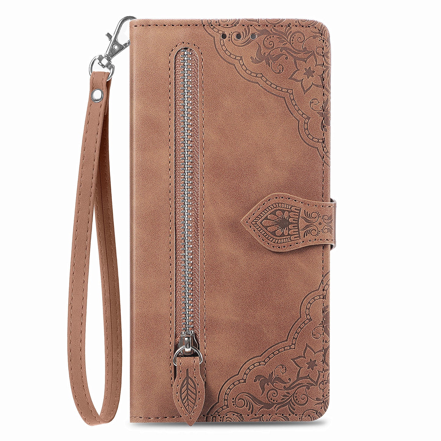 For Samsung Galaxy A04s 4G (164.7 x 76.7 x 9.1 mm) / A13 5G / M13 5G Flower Imprinted Pattern PU Leather Zipper Pocket Cell Phone Cover Stand Wallet Case