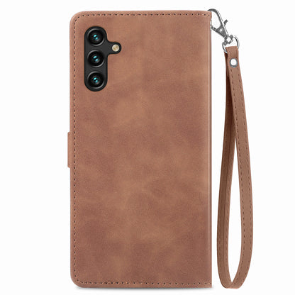 For Samsung Galaxy A04s 4G (164.7 x 76.7 x 9.1 mm) / A13 5G / M13 5G Flower Imprinted Pattern PU Leather Zipper Pocket Cell Phone Cover Stand Wallet Case