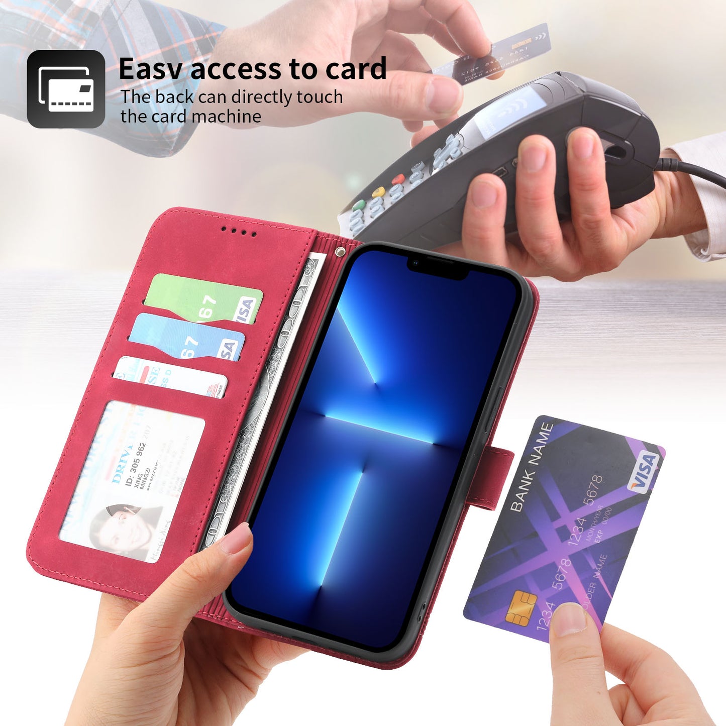 DIERFENG DF-03 PU Leather Case for iPhone 13 Pro 6.1 inch, Lines Imprinted Wallet Stand Protective Phone Cover