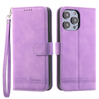 DIERFENG DF-03 PU Leather Case for iPhone 13 Pro 6.1 inch, Lines Imprinted Wallet Stand Protective Phone Cover