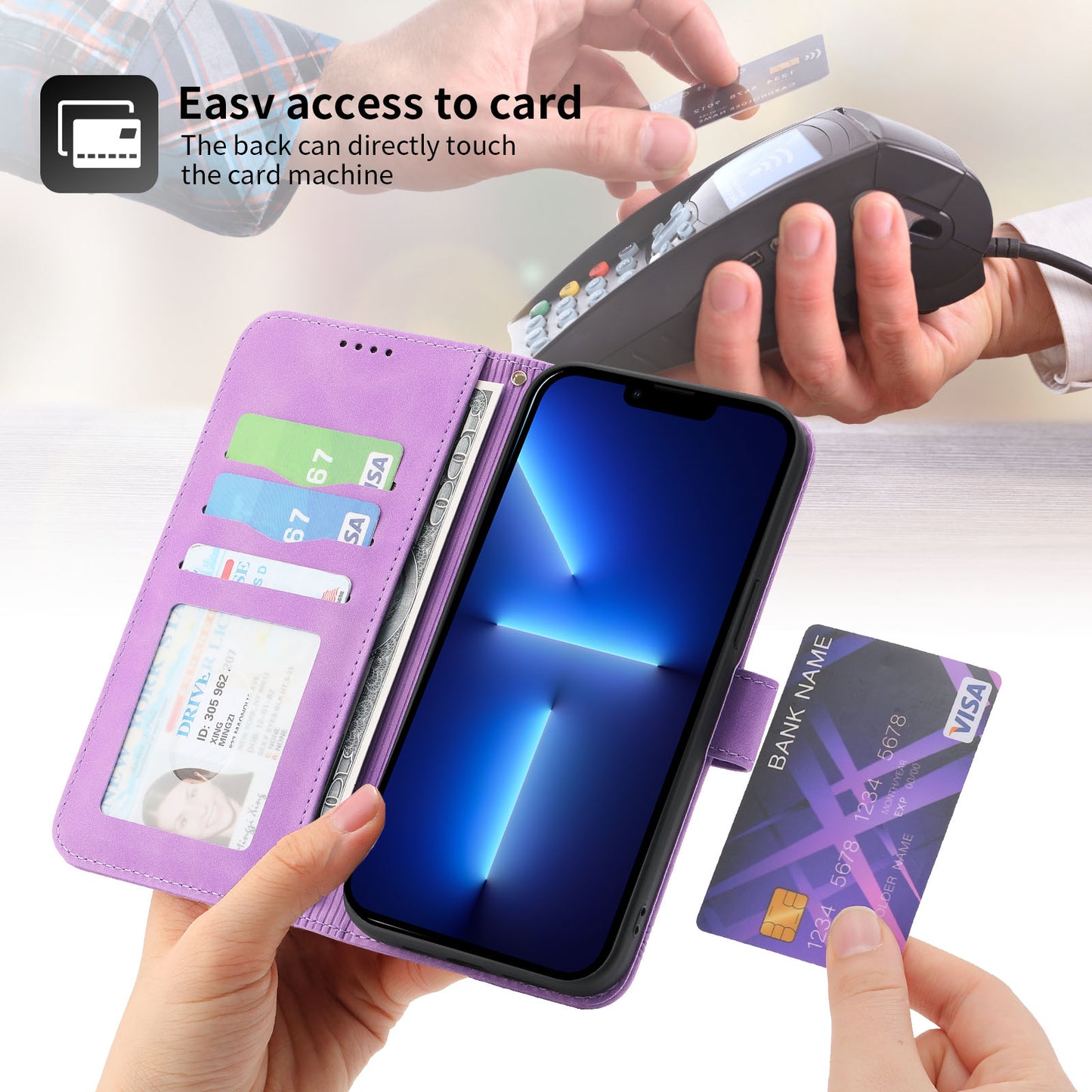 DIERFENG DF-03 PU Leather Case for iPhone 13 Pro 6.1 inch, Lines Imprinted Wallet Stand Protective Phone Cover