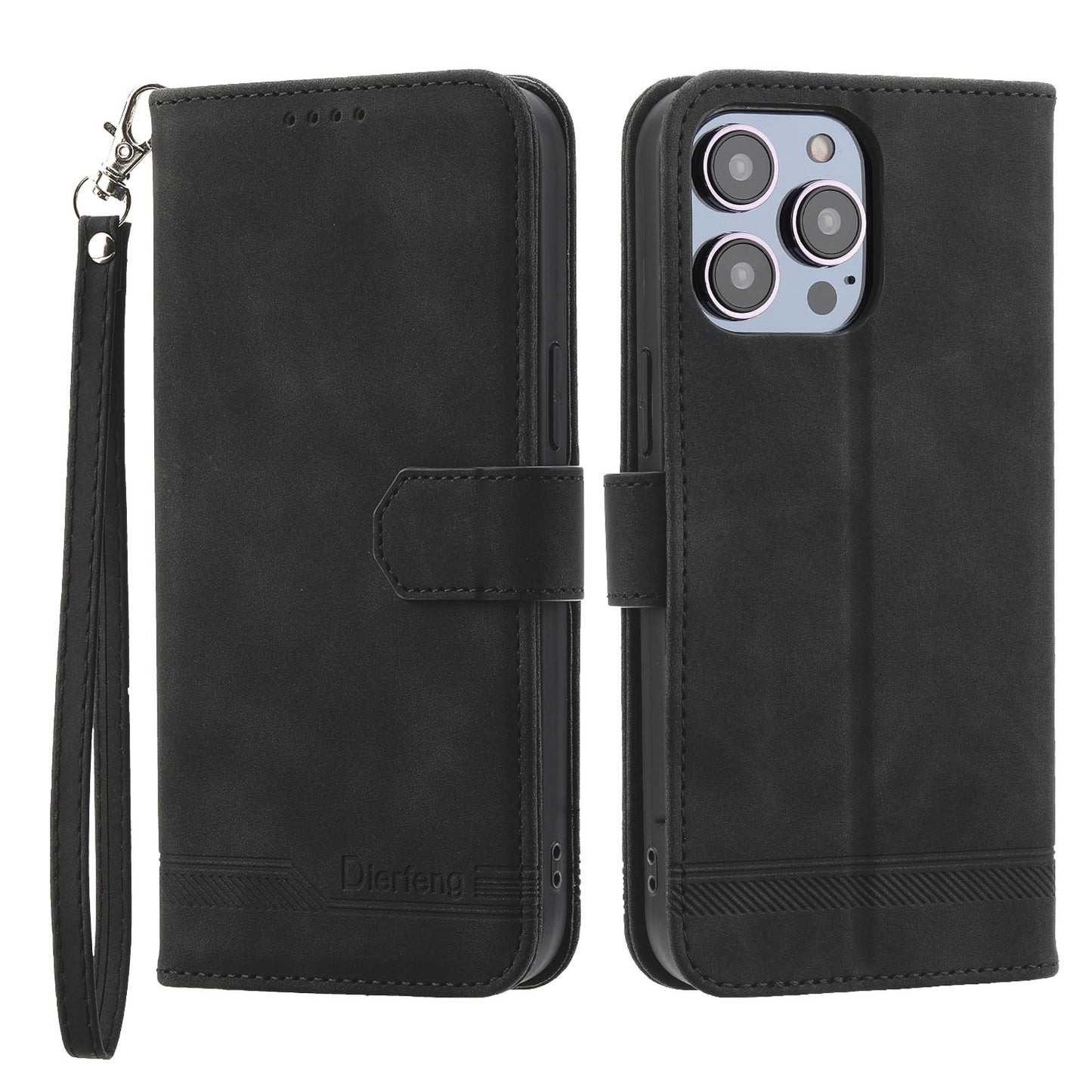 DIERFENG DF-03 PU Leather Case for iPhone 13 Pro 6.1 inch, Lines Imprinted Wallet Stand Protective Phone Cover