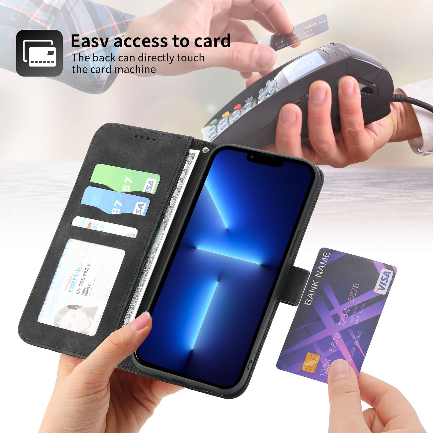 DIERFENG DF-03 PU Leather Case for iPhone 13 Pro 6.1 inch, Lines Imprinted Wallet Stand Protective Phone Cover
