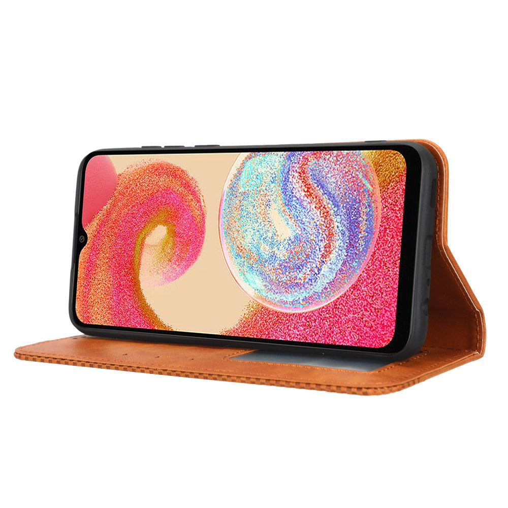 Retro Texture Protective Phone Cover For Samsung Galaxy A04e 4G / F04 4G / M04 4G, Magnetic Auto Closing Imprinted Pattern PU Leather Flip Wallet Stand Anti-drop Phone Case