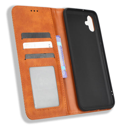 Retro Texture Protective Phone Cover For Samsung Galaxy A04e 4G / F04 4G / M04 4G, Magnetic Auto Closing Imprinted Pattern PU Leather Flip Wallet Stand Anti-drop Phone Case