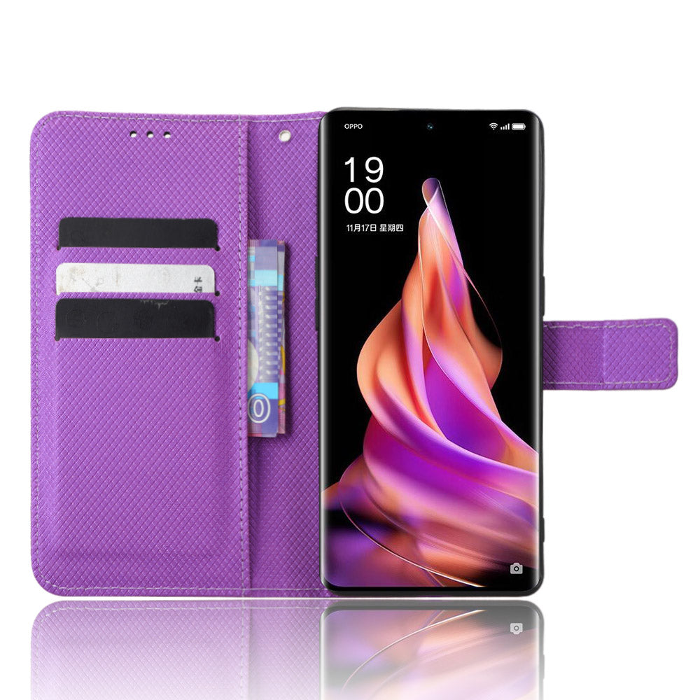 Anti-fall Phone Cover for Oppo Reno9 Pro+ 5G, Magnetic Clasp Diamond Texture PU Leather Anti-scratch Adjustable Stand Wallet Phone Case