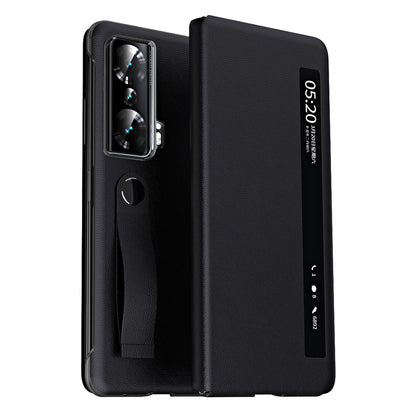 For Honor Magic Vs 5G View Window PU Leather+PC Flip Case Stand Cover with Portable Hand Grip Strap