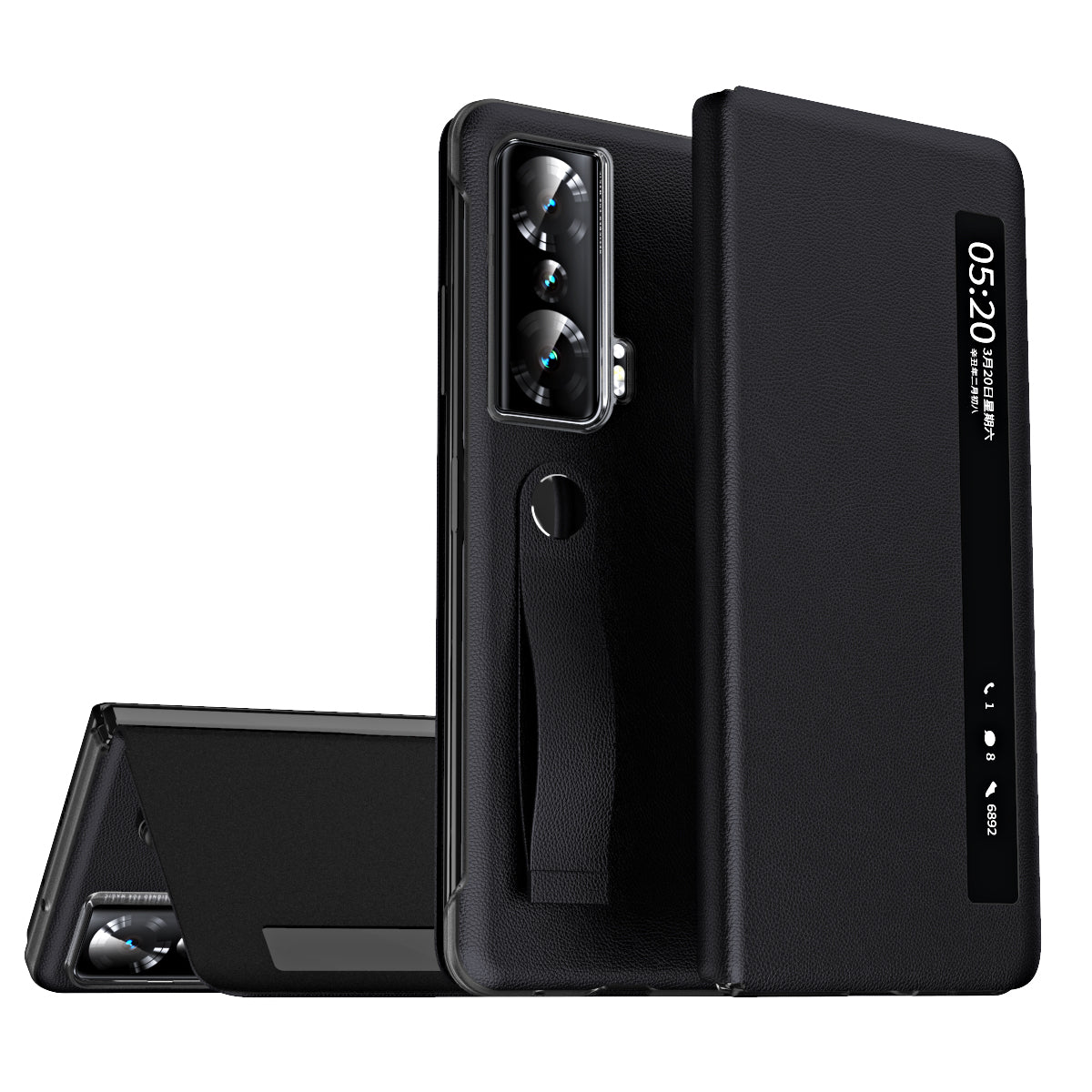 For Honor Magic Vs 5G View Window PU Leather+PC Flip Case Stand Cover with Portable Hand Grip Strap