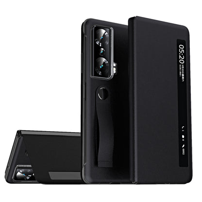 For Honor Magic Vs 5G View Window PU Leather+PC Flip Case Stand Cover with Portable Hand Grip Strap