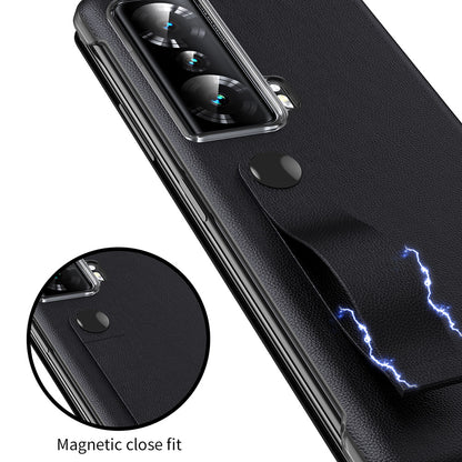 For Honor Magic Vs 5G View Window PU Leather+PC Flip Case Stand Cover with Portable Hand Grip Strap