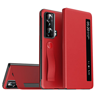 For Honor Magic Vs 5G View Window PU Leather+PC Flip Case Stand Cover with Portable Hand Grip Strap
