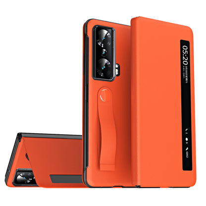 For Honor Magic Vs 5G View Window PU Leather+PC Flip Case Stand Cover with Portable Hand Grip Strap